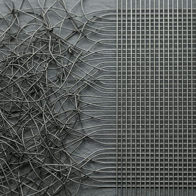 Abstract chaotic wireframes resolving into an ordered grid
